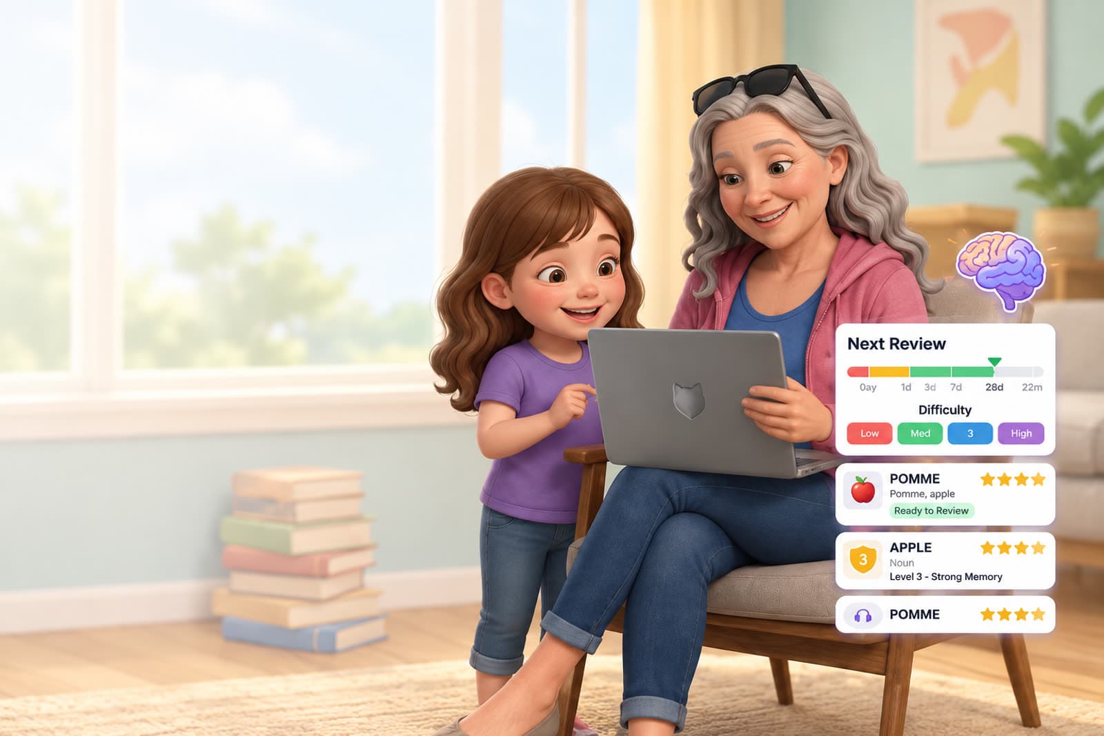 Mamie Lemonde and a child learning vocabulary together on a laptop