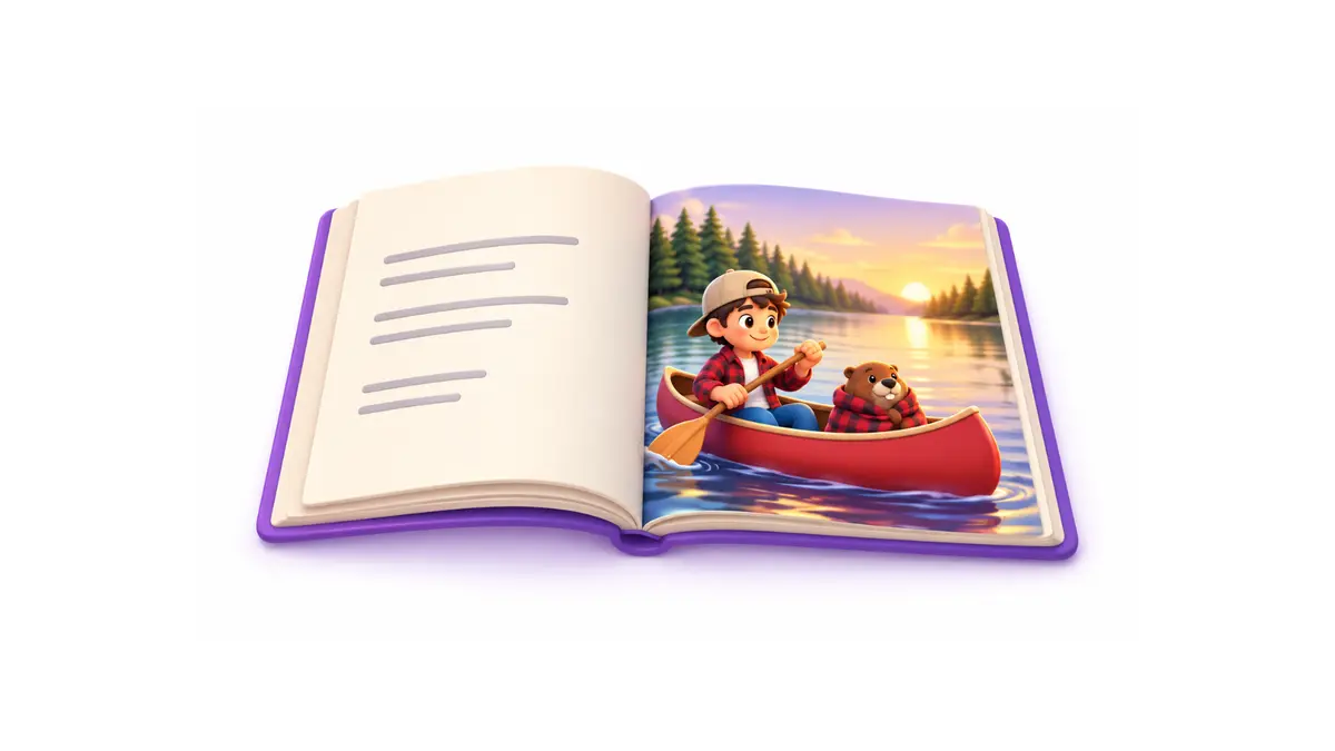 An open Mamie Lemonde book showing a boy and beaver paddling a canoe